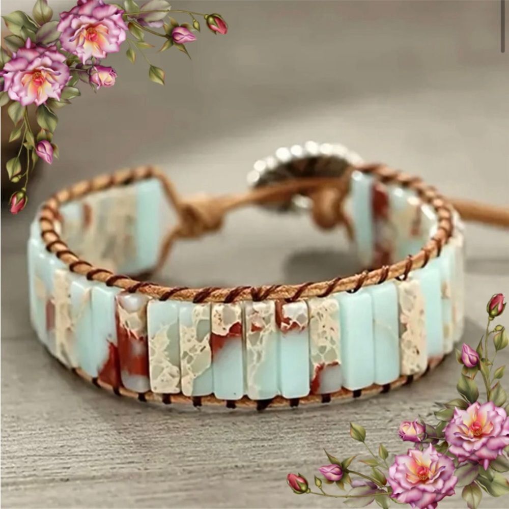 Bohemian Square Stone Beaded Braided‎ Pu Leather Bracelet
